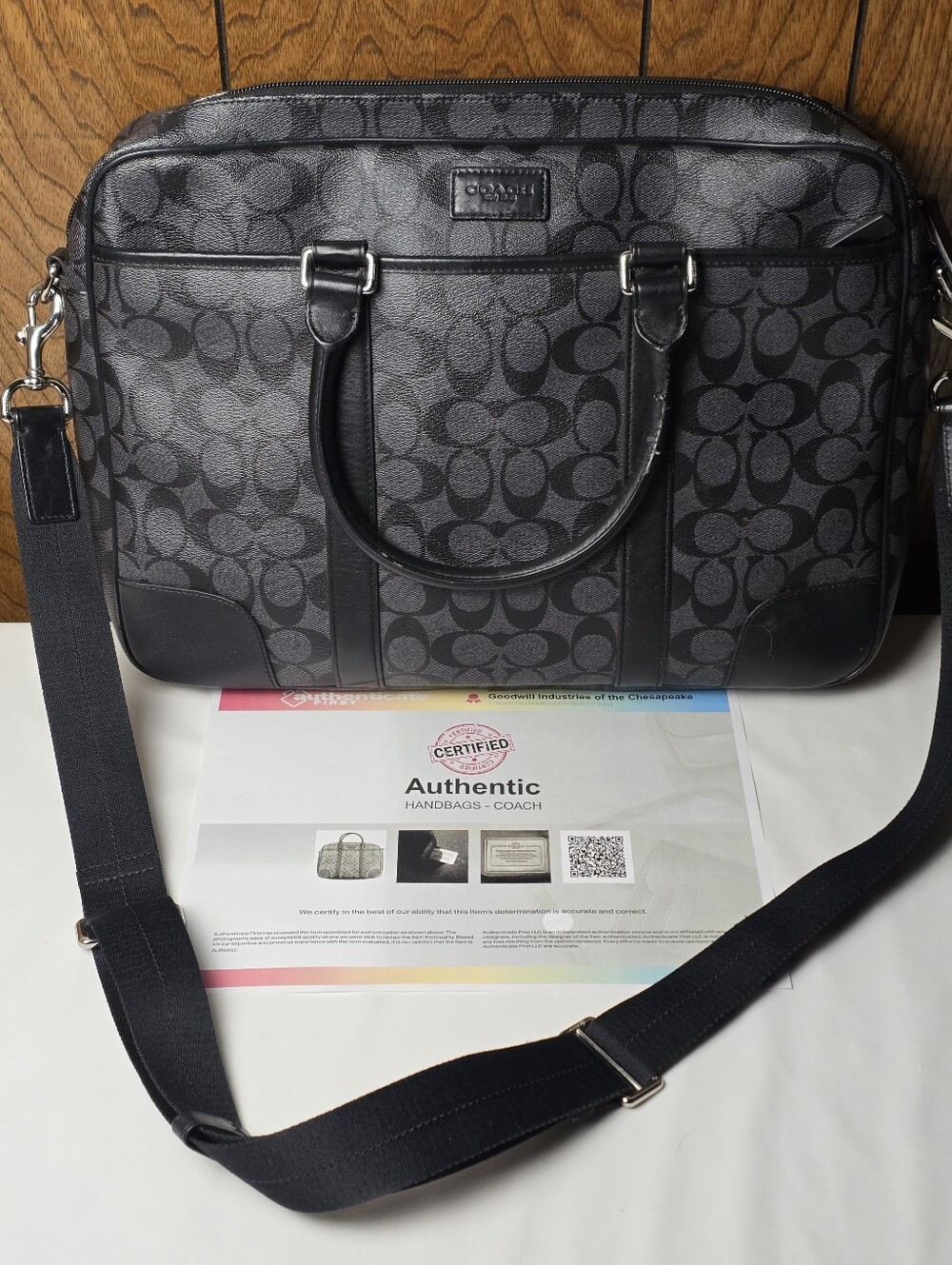 Coach Men’s Black Signature Briefcase with Adjustable StrapW/COA